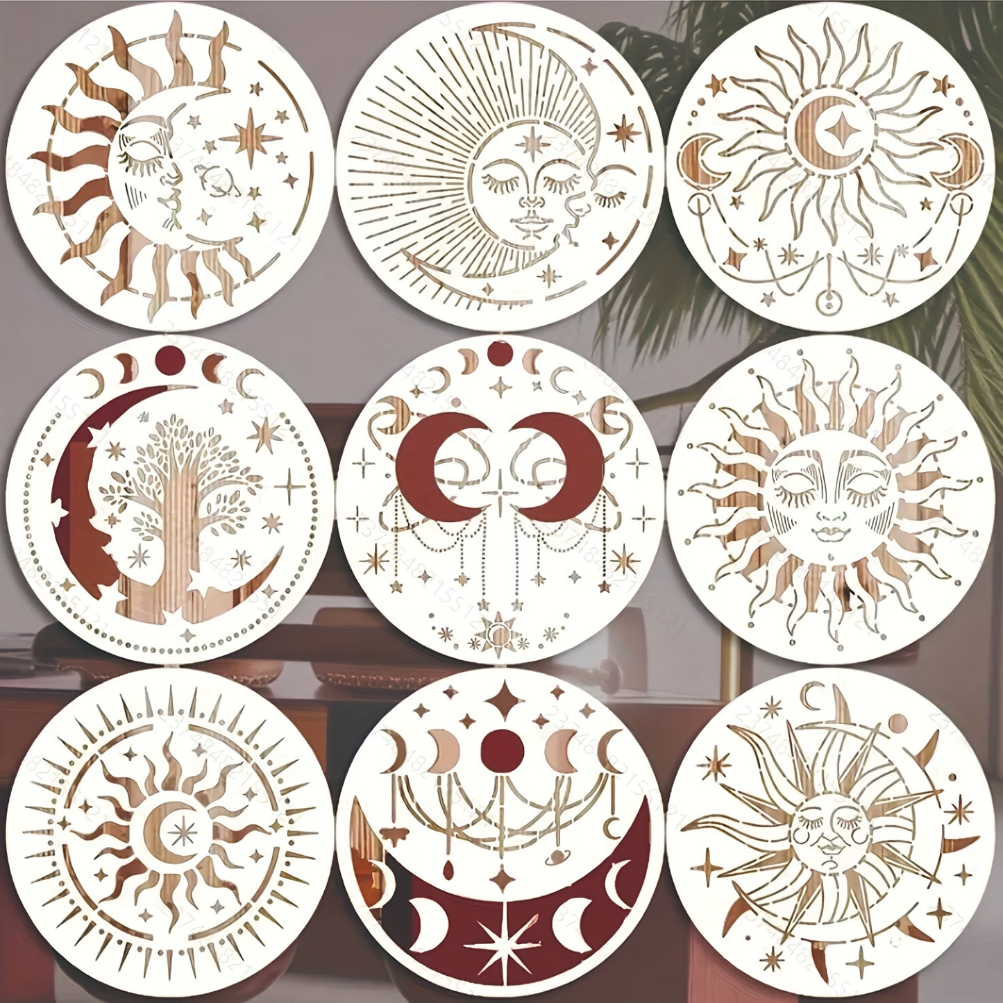 9-Piece Reusable 7.87inch Sun and Moon Stencil Set for Painting on Walls, Furniture, Canvas, Fabric, and Home Decor