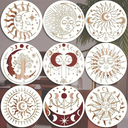 9-Piece Reusable 7.87inch Sun and Moon Stencil Set for Painting on Walls, Furniture, Canvas, Fabric, and Home Decor