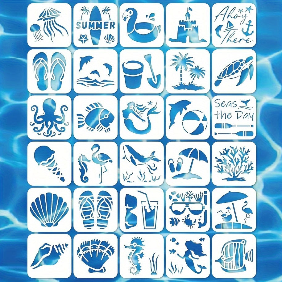 30-Piece Reusable Ocean-Themed Stencil Set 3x3 Inch for DIY Crafts, Walls, Furniture, Fabric, and Home Decor