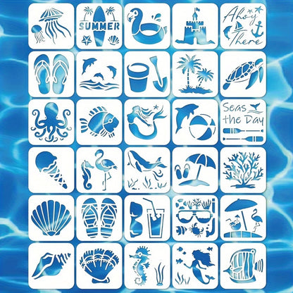 30-Piece Reusable Ocean-Themed Stencil Set 3x3 Inch for DIY Crafts, Walls, Furniture, Fabric, and Home Decor