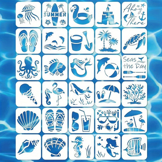 30-Piece Reusable Ocean-Themed Stencil Set 3x3 Inch for DIY Crafts, Walls, Furniture, Fabric, and Home Decor