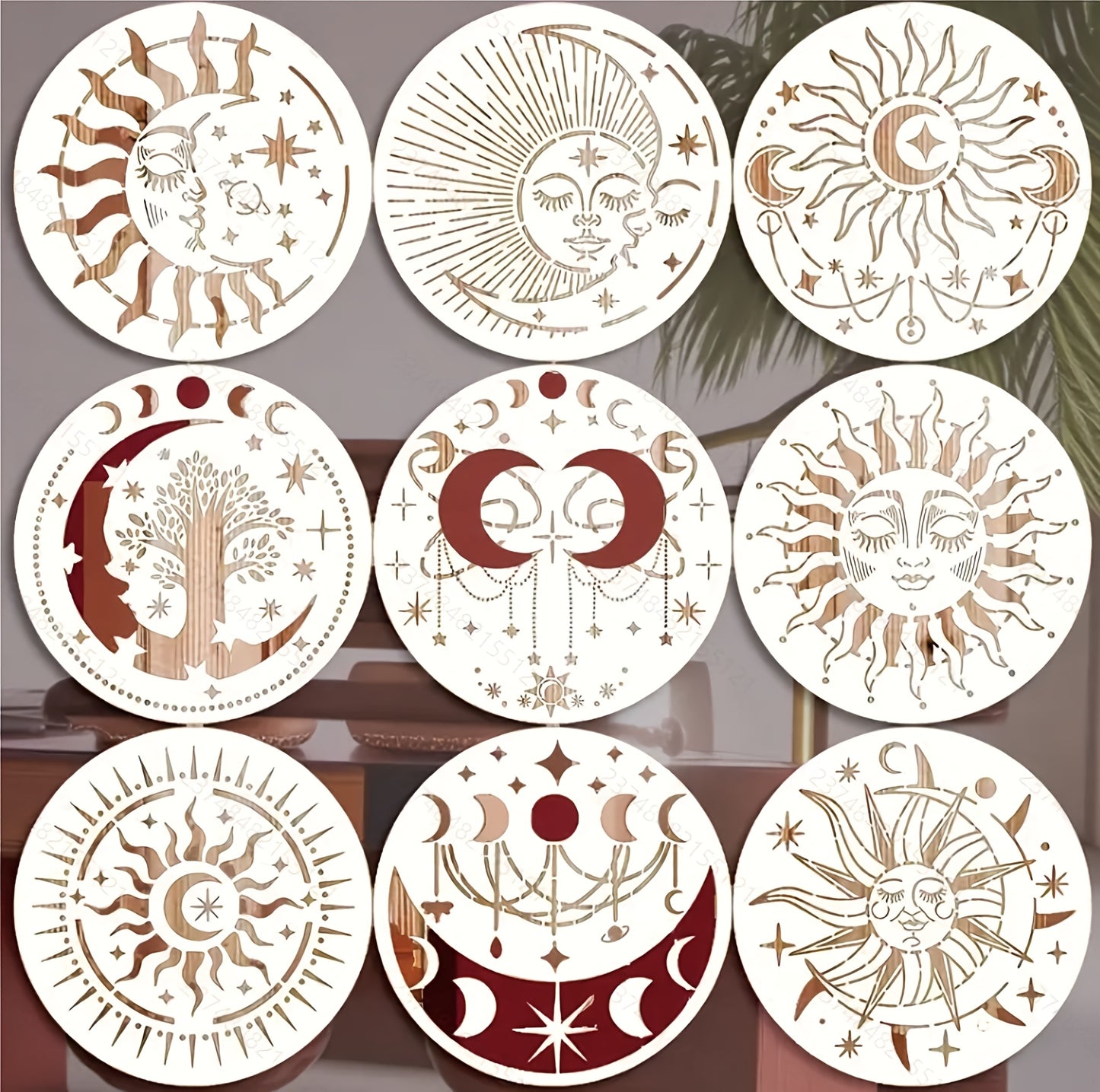 9-Piece Reusable 7.87inch Sun and Moon Stencil Set for Painting on Walls, Furniture, Canvas, Fabric, and Home Decor