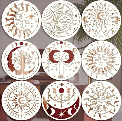9-Piece Reusable 7.87inch Sun and Moon Stencil Set for Painting on Walls, Furniture, Canvas, Fabric, and Home Decor