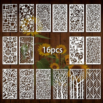 16pcs Geometric, Floral, Pattern Stencil Set – Reusable Painting Stencils