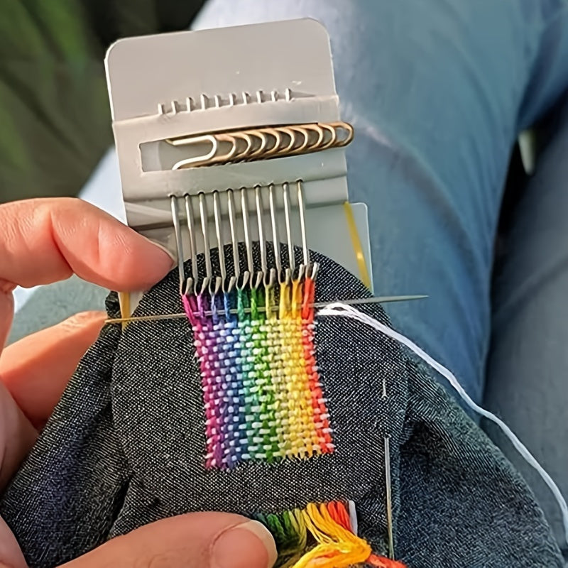 14-Pin Handheld Weaving Loom - Portable Tapestry Repair Tool for Clothes & Jeans, Light Grey