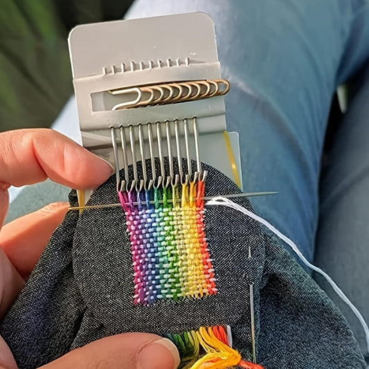 14-Pin Handheld Weaving Loom - Portable Tapestry Repair Tool for Clothes & Jeans, Light Grey
