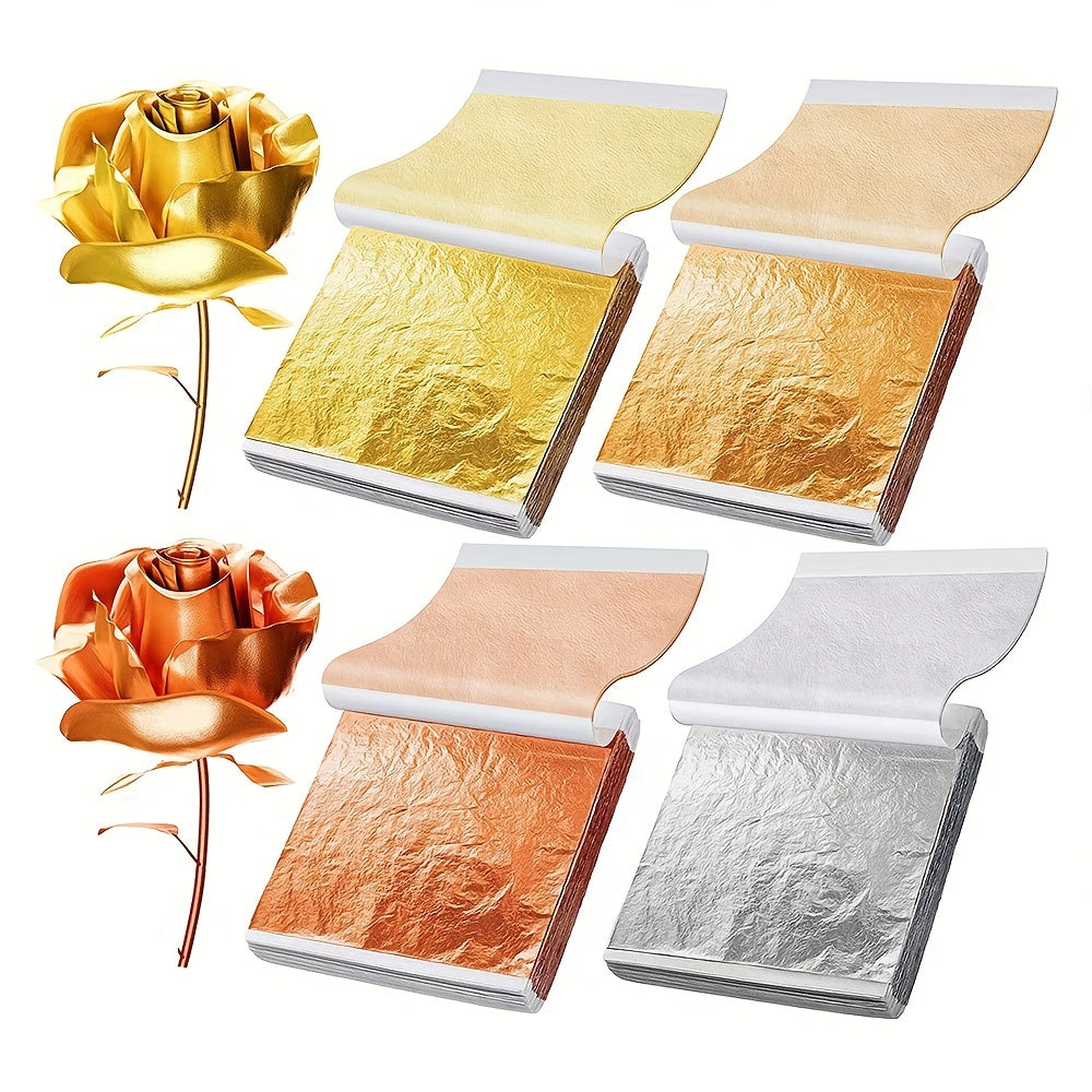 100pcs per pack Gold, Silver, Copper & Rose Gold Foil Leaves – Durable Decorative Sheets for DIY Crafts