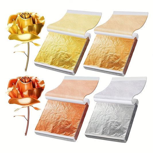 100pcs per pack Gold, Silver, Copper & Rose Gold Foil Leaves – Durable Decorative Sheets for DIY Crafts