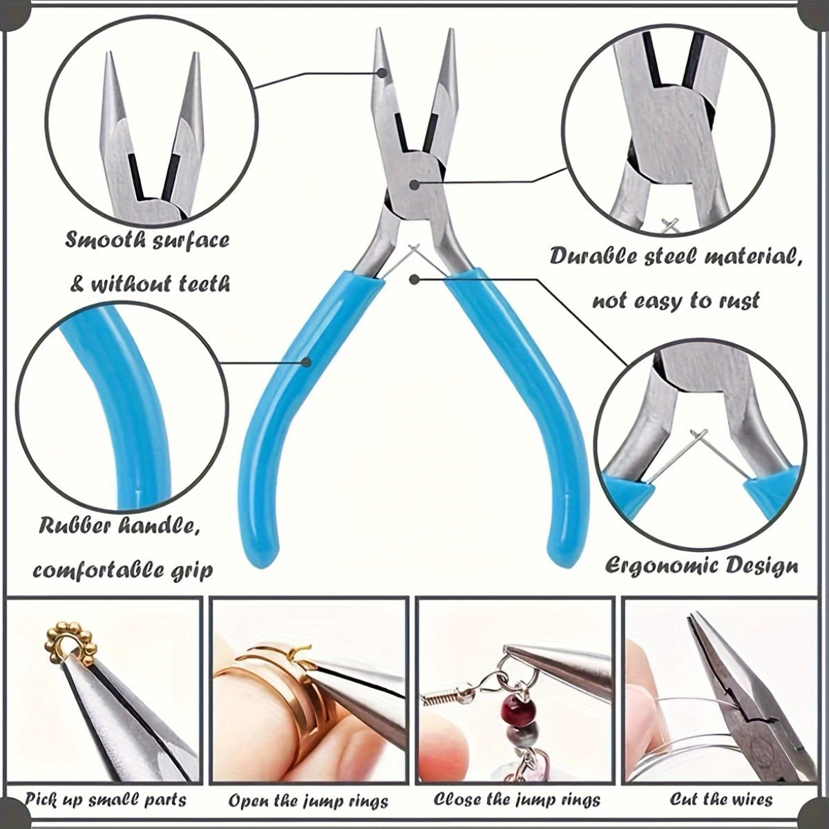 8pcs Jewelry Making Tools Kit with Round Nose Pliers Needle Nose Pliers Diagonal Pliers Wire Cutters Zinc Iron Alloy for DIY Jewelry Repair and Craft
