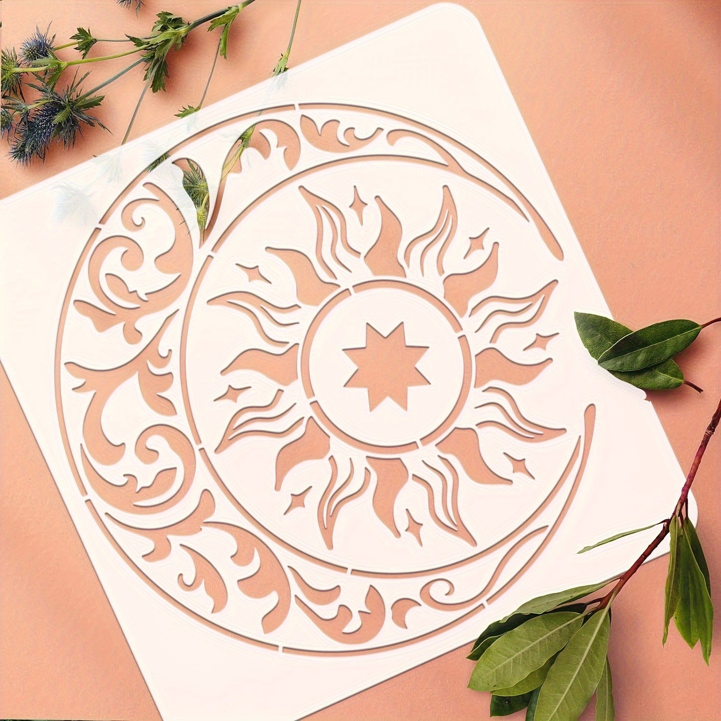 Reusable Mandala Sun, Moon, and Stars Stencil 11.8x11.8 Inch for DIY Crafts, Wall Art, Home Decor, and Scrapbooking