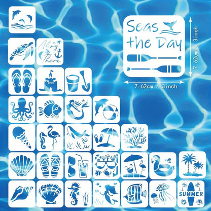 30-Piece Reusable Ocean-Themed Stencil Set 3x3 Inch for DIY Crafts, Walls, Furniture, Fabric, and Home Decor