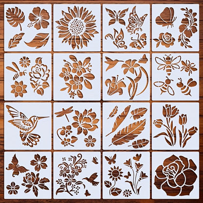 16-Piece Reusable Floral and Nature Stencil Set 5x5 Inch for Wall Art, Furniture, Canvas, and Home Decor Painting