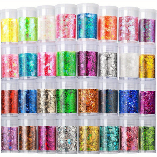 Holographic Chunky Glitter Set 32 Colors – Iridescent Shimmering Craft Glitter for Resin, Nails, Tumblers, Body & Face Decorations