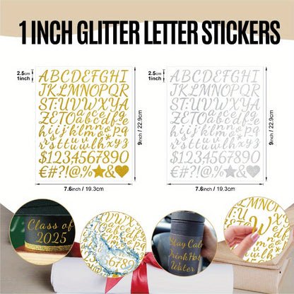 8 or 16 Sheets Golden & Silver Cursive Letter Stickers – 1 Inch Glitter Alphabet Stickers
