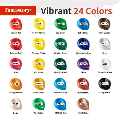 Acrylic Paint Set – 24 Classic Colors (2oz/60ml) + 12 Brushes | Professional Art Supplies Kit