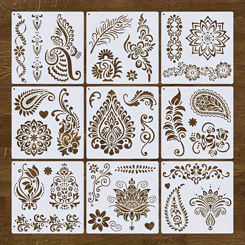 9-Piece Reusable Mandala Stencil Set 7.9x7.9 Inch for DIY Crafts, Body Art, Temporary Tattoos, and Home Decor