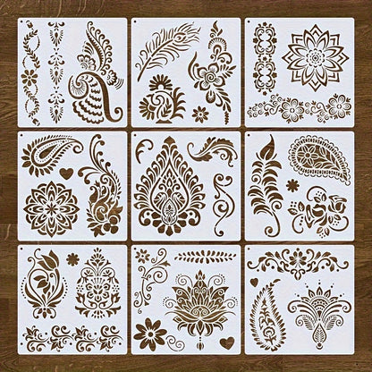 9-Piece Reusable Mandala Stencil Set 7.9x7.9 Inch for DIY Crafts, Body Art, Temporary Tattoos, and Home Decor