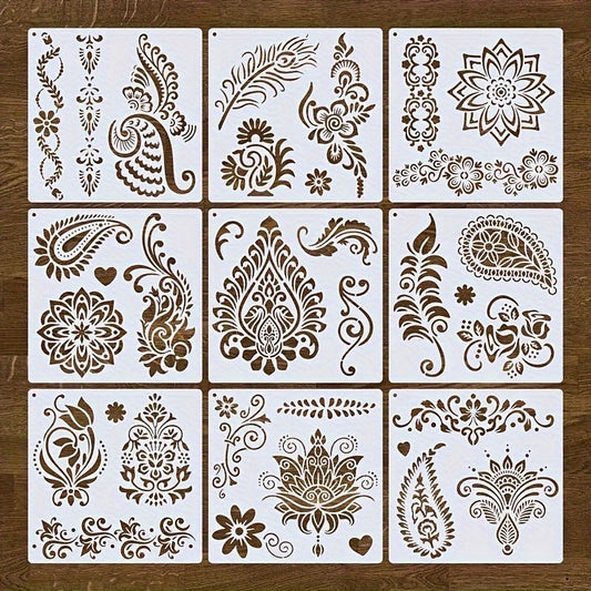 9-Piece Reusable Mandala Stencil Set 7.9x7.9 Inch for DIY Crafts, Body Art, Temporary Tattoos, and Home Decor