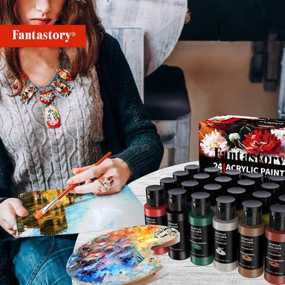 Acrylic Paint Set – 24 Classic Colors (2oz/60ml) + 12 Brushes | Professional Art Supplies Kit