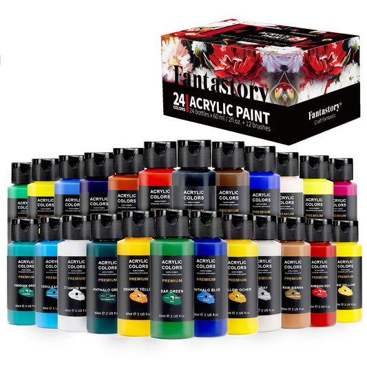 Acrylic Paint Set – 24 Classic Colors (2oz/60ml) + 12 Brushes | Professional Art Supplies Kit
