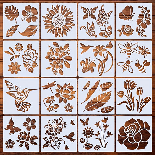 16-Piece Reusable Floral and Nature Stencil Set 5x5 Inch for Wall Art, Furniture, Canvas, and Home Decor Painting