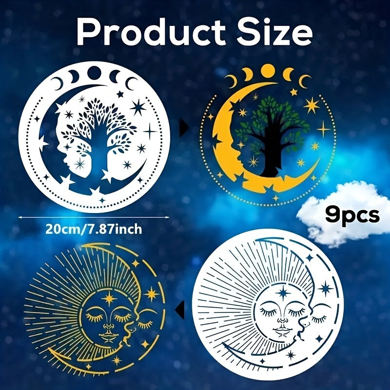 9-Piece Reusable 7.87inch Sun and Moon Stencil Set for Painting on Walls, Furniture, Canvas, Fabric, and Home Decor