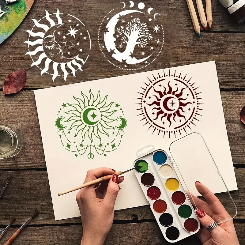 9-Piece Reusable 7.87inch Sun and Moon Stencil Set for Painting on Walls, Furniture, Canvas, Fabric, and Home Decor