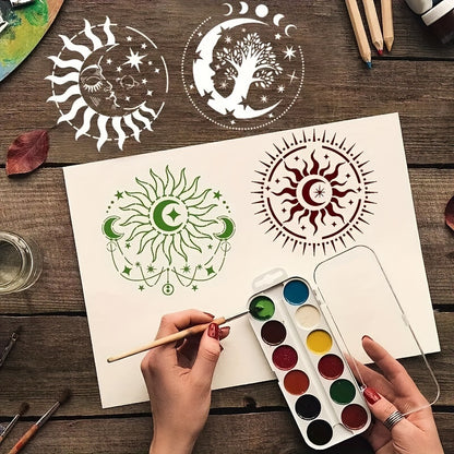 9-Piece Reusable 7.87inch Sun and Moon Stencil Set for Painting on Walls, Furniture, Canvas, Fabric, and Home Decor