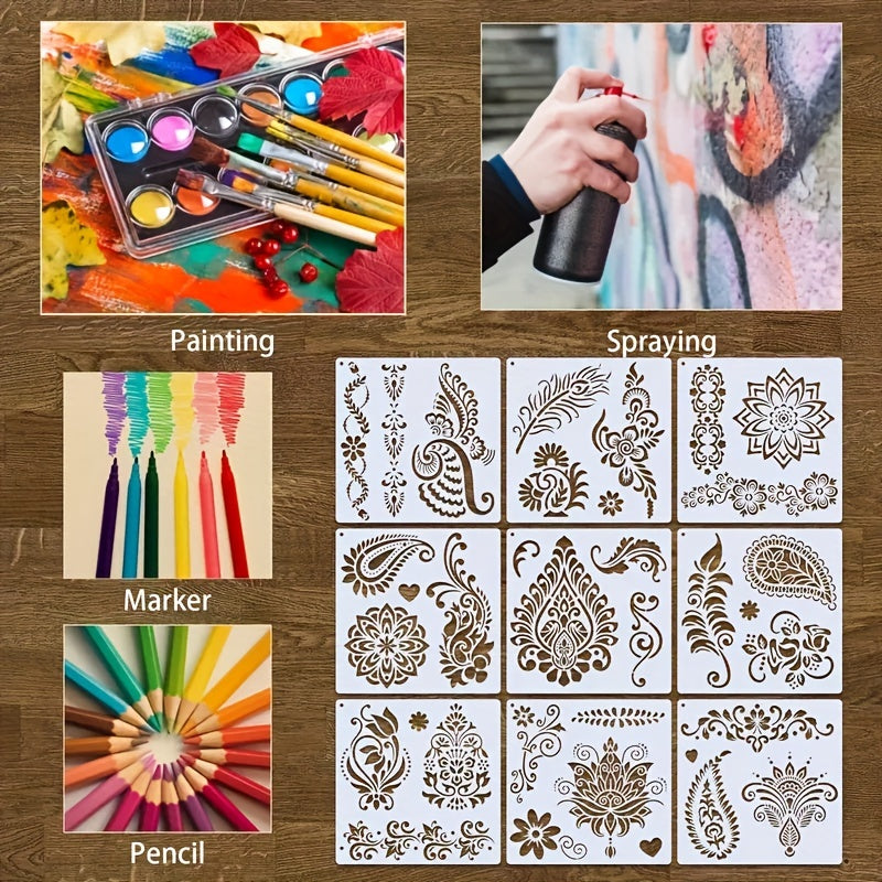 9-Piece Reusable Mandala Stencil Set 7.9x7.9 Inch for DIY Crafts, Body Art, Temporary Tattoos, and Home Decor