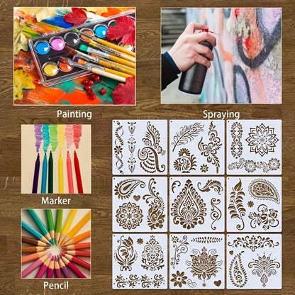 9-Piece Reusable Mandala Stencil Set 7.9x7.9 Inch for DIY Crafts, Body Art, Temporary Tattoos, and Home Decor