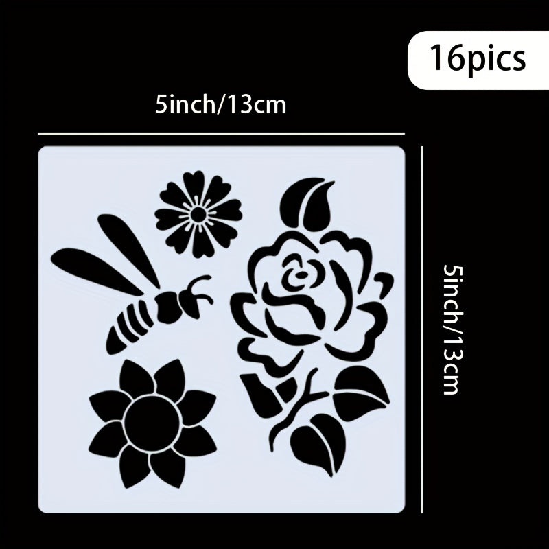 16-Piece Reusable Floral and Nature Stencil Set 5x5 Inch for Wall Art, Furniture, Canvas, and Home Decor Painting