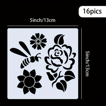 16-Piece Reusable Floral and Nature Stencil Set 5x5 Inch for Wall Art, Furniture, Canvas, and Home Decor Painting