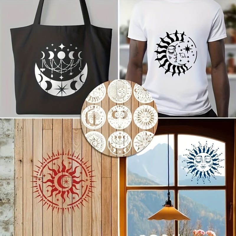 9-Piece Reusable 7.87inch Sun and Moon Stencil Set for Painting on Walls, Furniture, Canvas, Fabric, and Home Decor