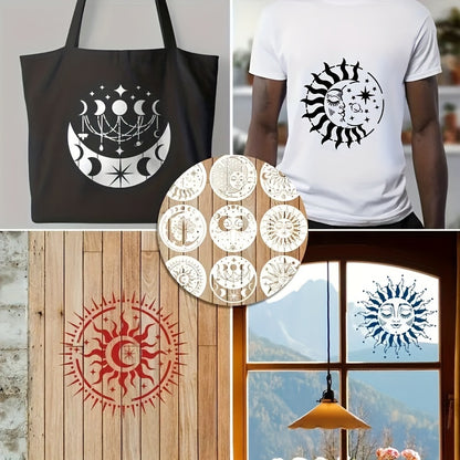 9-Piece Reusable 7.87inch Sun and Moon Stencil Set for Painting on Walls, Furniture, Canvas, Fabric, and Home Decor