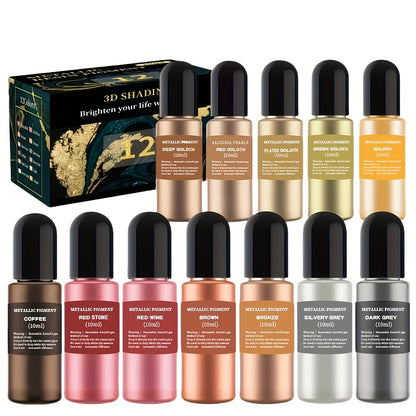 12-Color Metallic Ink Set – Aurora Alcohol-Based Inks for Epoxy, Resin, and Acrylic Pouring