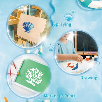 30-Piece Reusable Ocean-Themed Stencil Set 3x3 Inch for DIY Crafts, Walls, Furniture, Fabric, and Home Decor